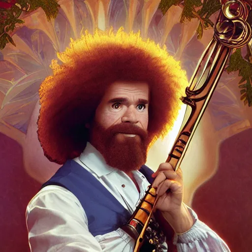 Image similar to an ultra detailed vector image of bob ross dressed as a fantasy bard, d & d, epic fantasy, concept art by alphonse mucha and greg rutkowski, octane render, 8 k, detailed face