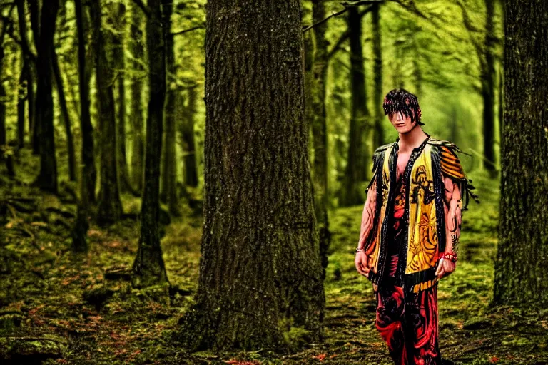 Prompt: versace avant garde male toga intricate textiles streetwear cyberpunk posing in the woods trees cloudy overcast dark late evening dramatic 3 5 mm professional color