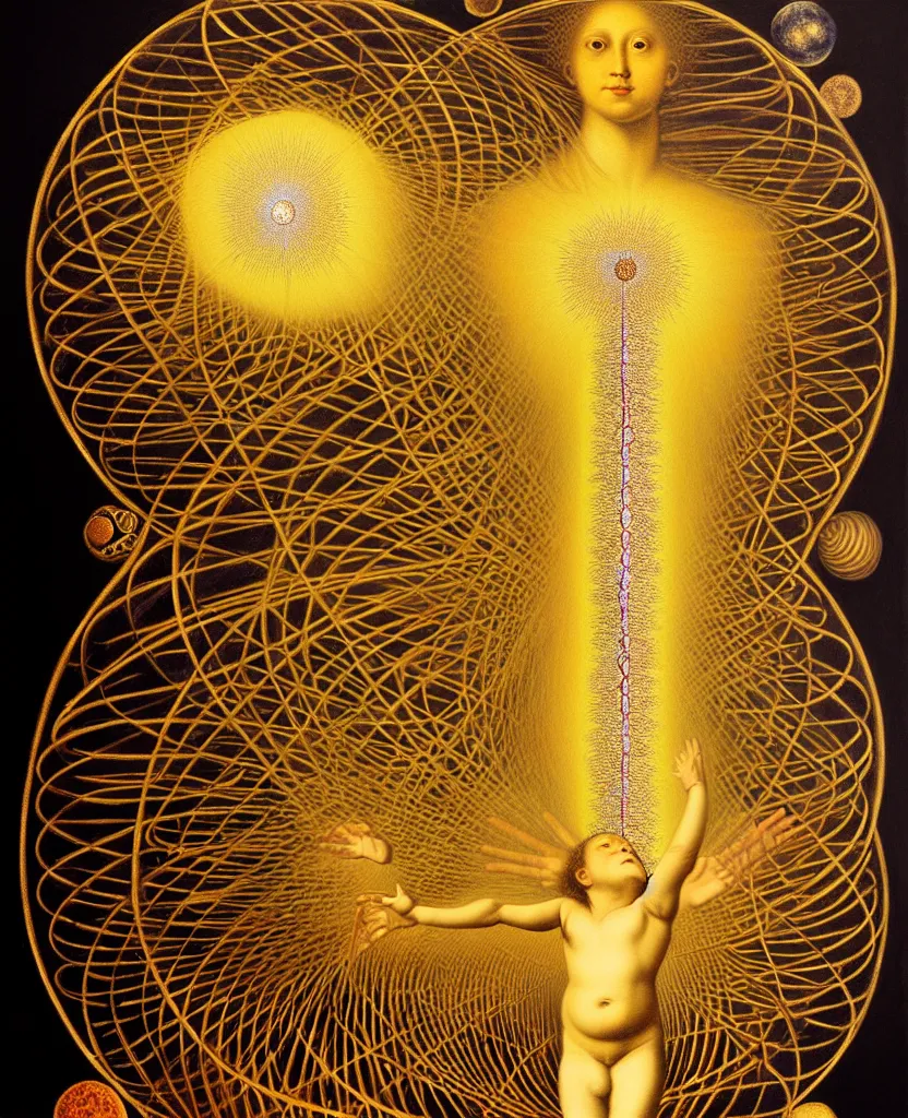 Image similar to a golden child radiates a unique canto'as above so below'while being ignited by the spirit of haeckel and robert fludd, breakthrough is iminent, glory be to the magic within, in honor of venus, painted by ronny khalil