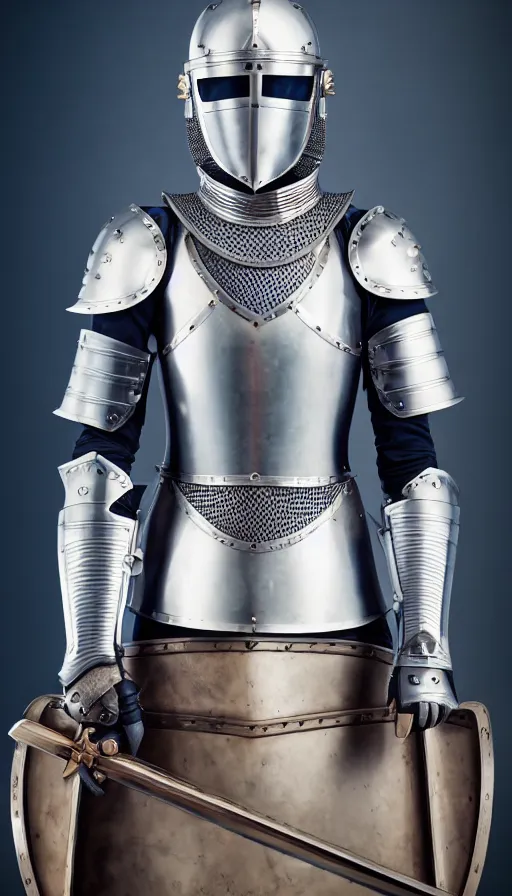 Prompt: female knight, no helmet, blue eyes, armor created by louis vuitton, lv logos all over the metal, symmetrical, cinematic, elegant, professional studio light, real dlsr photography, sharp focus, 4 k, ultra hd, sense of awe