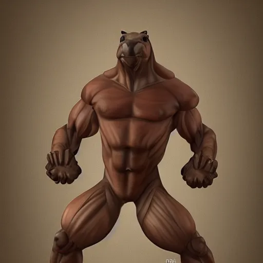 Image similar to a muscular humanoid capybara man posing and flexing his muscles, trending on artstation, centered