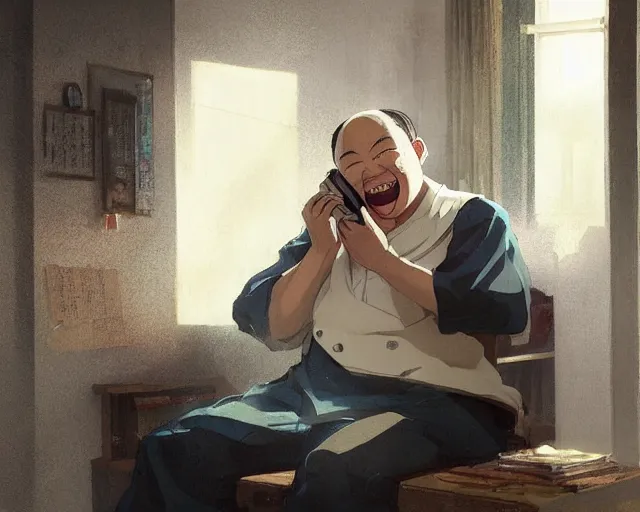 Image similar to a 50 year old brunnete happy chinese man with puffy cheeks sitting on a couch at home and talking on the phone with a worried face, anime art, Greg Rutkowski, studio ghibli, dramatic lighting