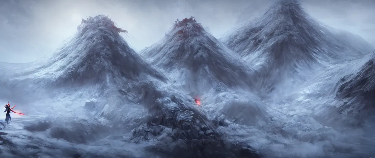 Prompt: digital painting of a frozen ice covered volcano, style sekiro, concept art, high angle, high detail, cold lighting, dark, vivid, beautiful, trending on artstation, by Jordan grimmer, no focus, huge scene, terrain visible