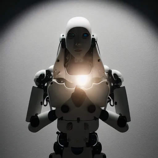 Prompt: beautiful Fine art photography of a solarpunk part robot mostly human girl with real human face and torso, small lights over body, white background, highly detailed, medium shot, photorealism, sunset lighting 8k