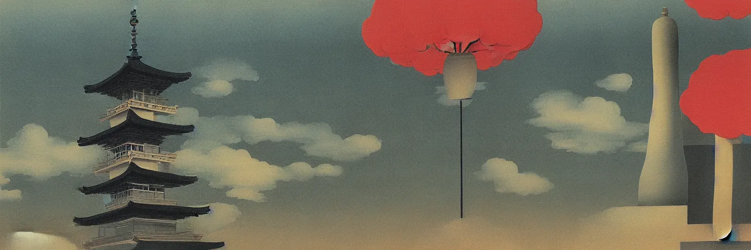 Image similar to japanese pagoda painting magritte