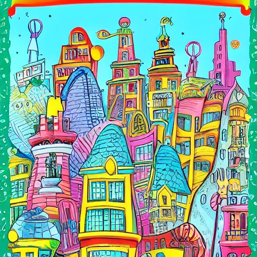 Image similar to fanciful city filled with curvy buildings, by dr seuss, oh the places you'll go, arches, platforms, towers, bridges, stairs, colorful kids book illustration