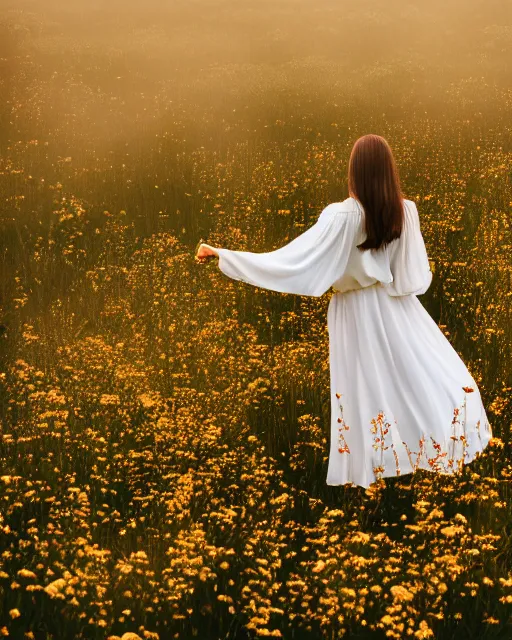 Prompt: 50mm DSLR photograph of a stunning flower meadow at morning, ethereal female in a white dress dancing in the center, soft lighting, photography, panoramic view, Hyperdetailed, Lightroom preset, photorealistic, Unsplash