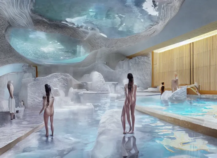 Prompt: modern chic futuristic onsen (Japanese bath house) with gold intricate luxurious details at Pamukkale, thermal waters flowing down white travertine terraces, dozen beautiful women wearing sweet dresses, ethereal anf dreamy, intricate, elegant, luxurious, digital painting, concept art, smooth, sharp focus, from Star Trek 2021, illustration, by WLOP and Ruan Jia and Mandy Jurgens and William-Adolphe Bouguereau, Artgerm