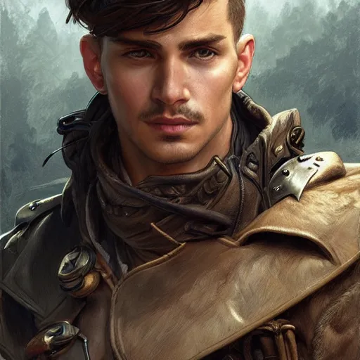 Prompt: portrait of a young, rugged ranger, handsome, muscular, half body, leather, smirk, fantasy, intricate, elegant, highly detailed, digital painting, artstation, concept art, smooth, sharp focus, illustration, art by artgerm and greg rutkowski and alphonse mucha