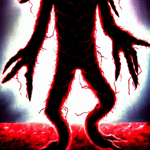 Prompt: demogorgon from stranger things, skin crawling hissing towards the viewer, extremeely spooky vibe, aggressive stance, gesturing towards the camera, ready for attack, comic lighting, the upside down