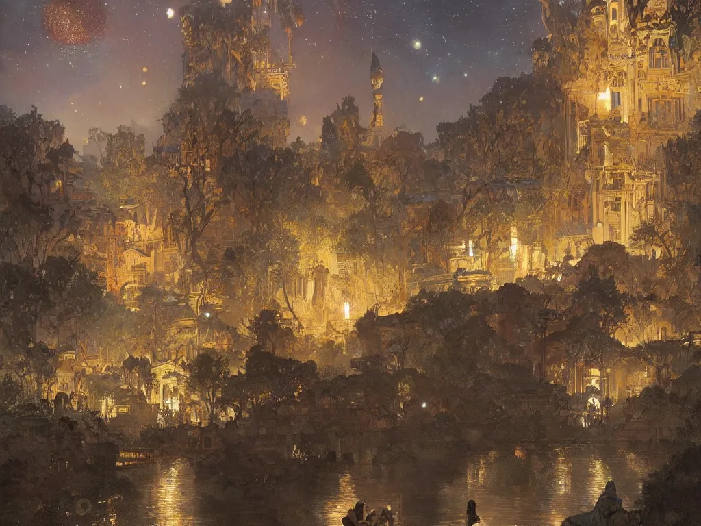 Image similar to a beautiful painting of the view from the river of the lantern festival in a an ancient egyptian city, at night with a sky full of stars, intricate, elegant, highly detailed, digital painting, artstation, concept art, by krenz cushart and artem demura and alphonse mucha