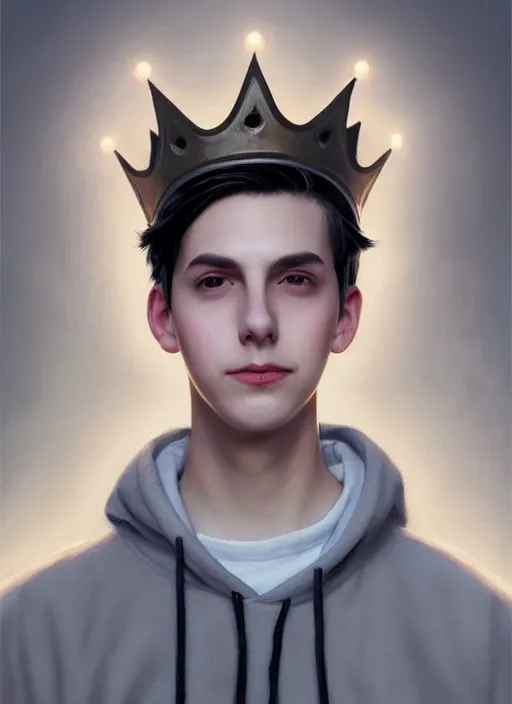 Image similar to portrait of teenage jughead jones wearing a light grey crown, photorealistic, crown, eyes closed, crown, black hair, intricate, elegant, glowing lights, highly detailed, digital painting, artstation, concept art, smooth, sharp focus, illustration, art by wlop, mars ravelo and greg rutkowski