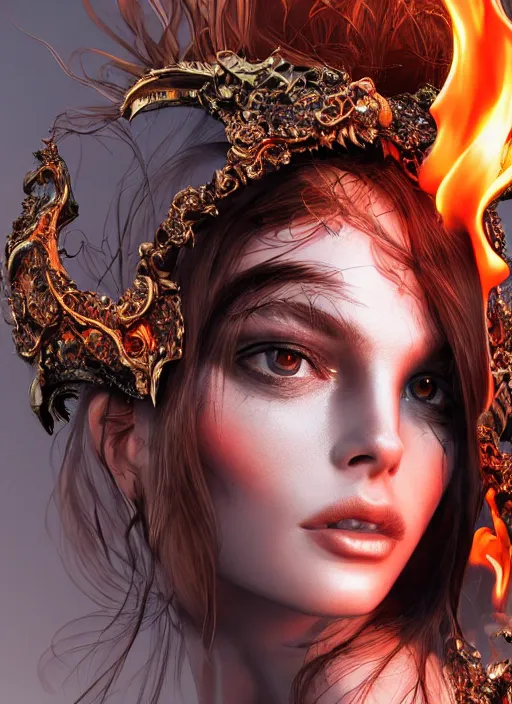 Image similar to 3d fashion portrait with fire, female, future, torch, flame, harper's bazaar, vogue, fashion magazine, intricate, concept art, close up, ornate, luxury, elite, elegant, trending on artstation, by ruan jia, by Kenneth Willardt, by ross tran, by WLOP, by Andrei Riabovitchev,