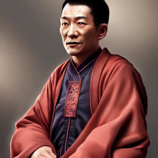 Image similar to portrait painting of a 3 5 - year - old chinese man, taoist priest, dressed in taoist robe, like andy lau, immortal bone, affable ， wenjun lin, unreal engine 5 highly rendered, global illumination, radiant light, detailed and intricate environment