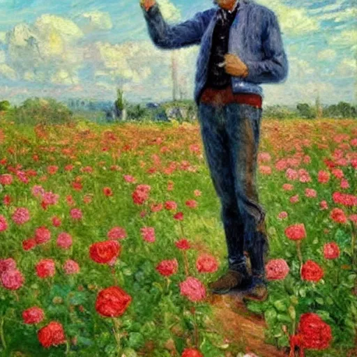 Image similar to an impressionist painting of a tall older man standing in a field of roses with blue eyes that is wearing a wide brim hat and a leather vest with a blue shirt. He is holding a revolver in his left hand and a rose is in his right hand.