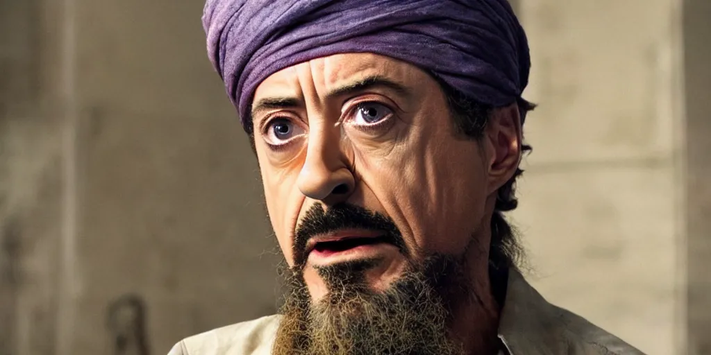 Image similar to Robert Downey Jr. as Osama Bin Laden in 'Big Bin' (2025), movie still frame, oscar nominated cinematography, volumetric lighting, 8k resolution, beautiful composition