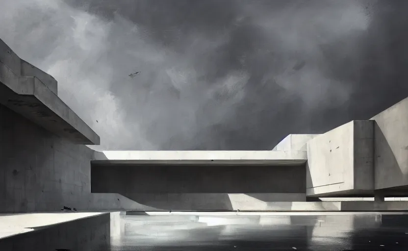 Image similar to painting of exterior shot of a white concerete brutalist house architecture with big pools designed by zaha hadid and peter zumthor by darek zabrocki, greg ruthkowski, cinematic and cold atmospheric, archillect concept art, artstation, trending on artstation