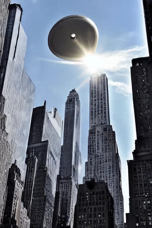 Image similar to giant UFO in the sky of New York, a photo taken on iPhone, photo taken from the ground, social media