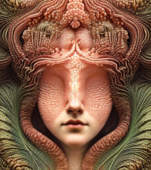 Prompt: detailed realistic beautiful coral goddess face portrait by jean delville, gustave dore, iris van herpen and marco mazzoni, art forms of nature by ernst haeckel, art nouveau, symbolist, visionary, gothic, neo - gothic, pre - raphaelite, fractal lace, intricate alien botanicals, ai biodiversity, surreality, hyperdetailed ultrasharp octane render