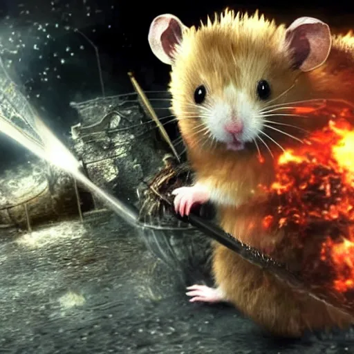 Prompt: A hamster in dark souls 3 fighting a boss