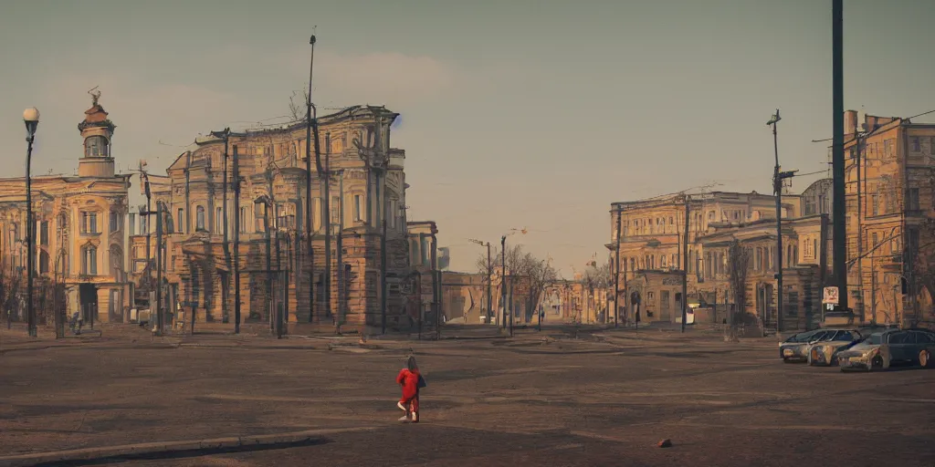 Image similar to cinematic street shot of a city on mars, aelita, phalanster, saint petersburg city, telephoto, anamorphic cinematography, beautiful composition, color theory, leading lines, photorealistic, moody volumetric lighting