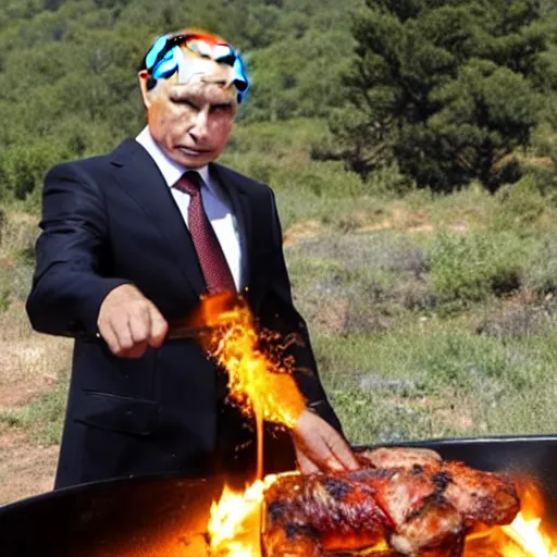 Image similar to Vladimir Putin being cooked on a rotisserie in Spain