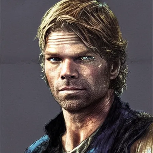 Image similar to A combination of Bruce Willis's and Neil Patrick Harris's and Eric Christian Olsen's faces as Aiden Caldwell character from Dying Light 2 Stay Human, western, D&D, fantasy, intricate, elegant, highly detailed, digital painting, artstation, concept art, matte, sharp focus, illustration, art by Artgerm and Greg Rutkowski and Alphonse Mucha