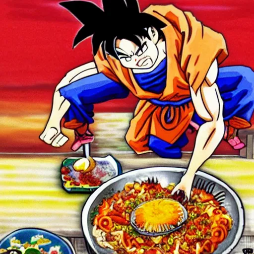 Image similar to son goku cooking a paella on the beach by akira toriyama