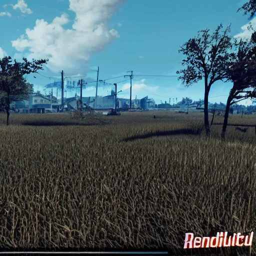 Prompt: sendai rice fields in ruins post - nuclear war in fallout 4, in game screenshot