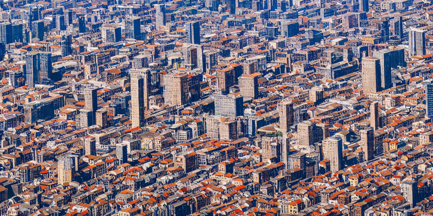 Prompt: oil paint birds eye view of a small medieval city with skyscrapers towers