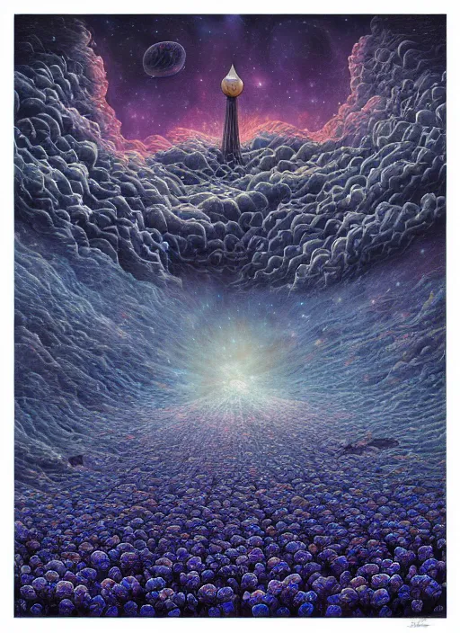 Image similar to detailed, intricate blue black and purple papaverum flower on the field, nebula, galaxy in the sky, winning award masterpiece, fantastically beautiful, illustration, aestheticly inspired, jacek yerka, upscale with anguissola sofonisba work, artstation, 8 k