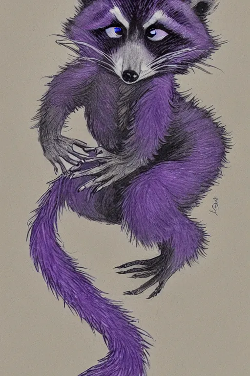 Image similar to purple stelar raccoon in the style of Rebecca Guay, high resolution 4k