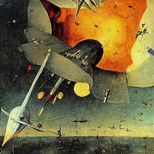 Prompt: A painting of a spaceship burning as it enters Earth's atmosphere, Hieronymus Bosch, sharp, colorful, detailed