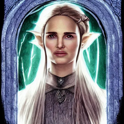 Prompt: a still from “ lord of the rings ” of a head and shoulders portrait of natalie portman as a female elf wizard, comic book cover photo by phil noto