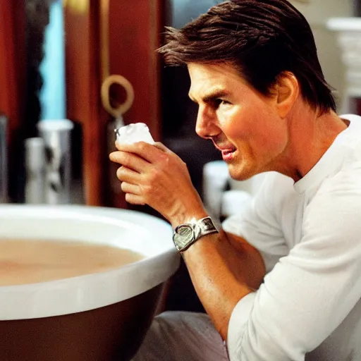 Prompt: Tom cruise kneeling down dipping cocktail sauce from a toilet bowl, 8k