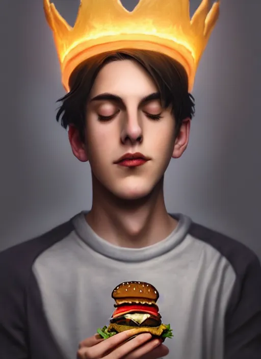 Image similar to portrait of teenage jughead jones wearing a light grey crown, crown, eating hamburger, eyes closed, crown, black hair, intricate, elegant, glowing lights, warm lighting, highly detailed, digital painting, artstation, concept art, smooth, sharp focus, illustration, art by wlop, mars ravelo and greg rutkowski