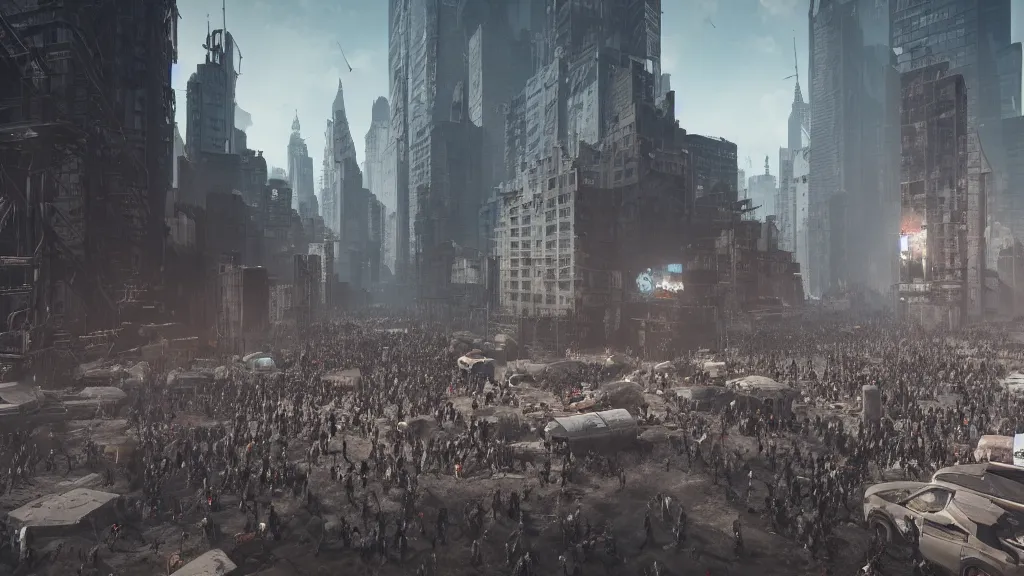 Prompt: low angle shot of a horde of people in a post-apocalyptic New York City, rich contrast, spaceships flying in background, hyperrealistic, Cryengine 8k UHD