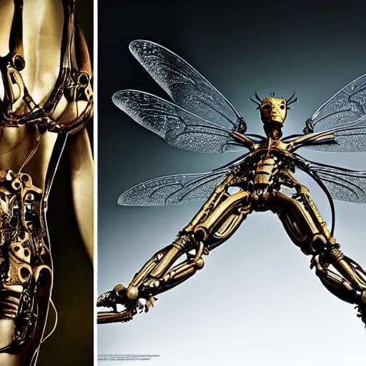 Prompt: still frame from Prometheus movie by Makoto Aida, biomechanical dragonfly angel gynoid, metal couture by neri oxmn and Guo pei, editorial by Malczewski and by Caravaggio