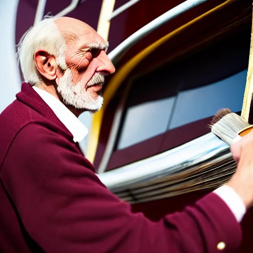 Image similar to wrinkled hunchbacked old man in musty burgundy suit, polishing painting the side of a huge gold plated mega yacht with a cloth, maintenance photo