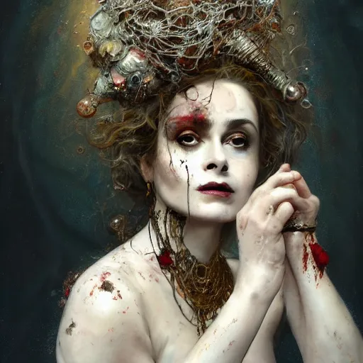 Image similar to expressive oil painting, of helena bonham carter mixed with sophia lauren, bumpy mottled skin full of blood and scars, ornate headpiece made from crystals, cables and wires, body horror, by yoshitaka amano, by greg rutkowski, by jeremyg lipkinng, by artgerm, digital art, octane render