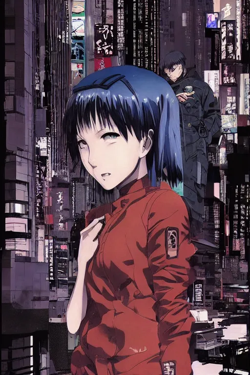 Prompt: professionally drawn 9 0 s seinen seinen seinen mature cyberpunk horror detective action manga comic cover, full color, beautifully drawn coherent professional, drawn by ilya kuvshinov, ilya kuvshinov, and hiromu arakawa and tsutomu nihei. japanese script on the cover. cyborg girl in foreground with blue eyes. award - winning manga.