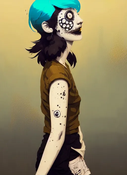 Image similar to highly detailed portrait of a sewer punk 2 1 year old lady with white graffiti face paint by atey ghailan, james gilleard, by joe fenton, by greg rutkowski, by greg tocchini, by kaethe butcher, 4 k resolution, gradient yellow, black, brown and cyan color scheme, grunge aesthetic!!! ( ( dystopian graffiti tag wall in background ) )