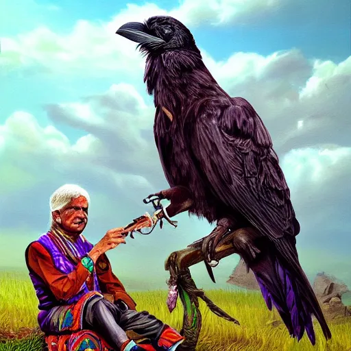 Prompt: n elderly indian don juan is sitting in a field with peyote and smoking a pipe, a raven walks next to him, beautiful fantasy detailed trending on artstation, oil painting, dramatic lighting, eterea, high quality print, fine art with subtle redshift rendering