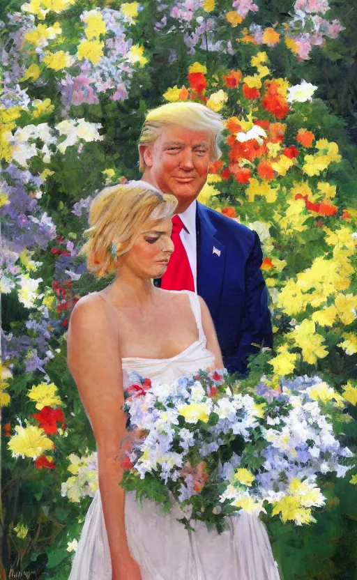 Image similar to romantic portrait of donald trump in an elegant dress surrounded by beautiful flowers, by gregory manchess, james gurney, james jean