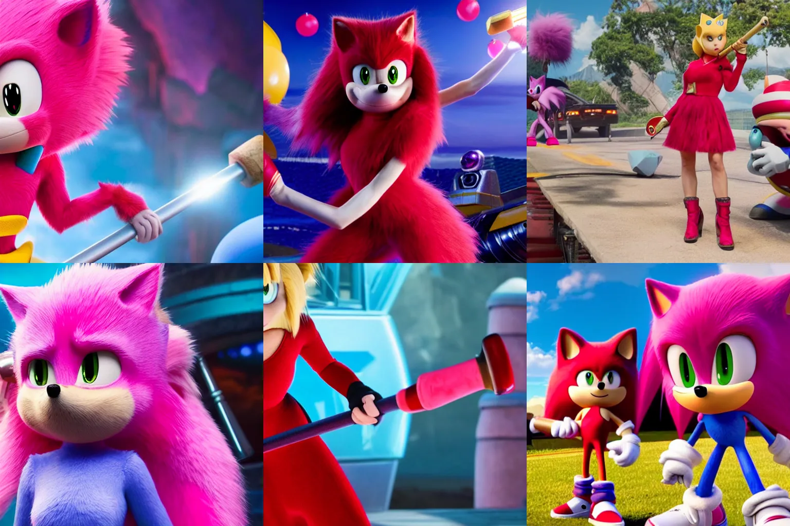 Prompt: A still of Amy Rose holding her hammer in the Sonic the Hedgehog movie by Paramount, promotional image, red dress, pink fur, eyelashes, 4k HD, f2.8 50mm