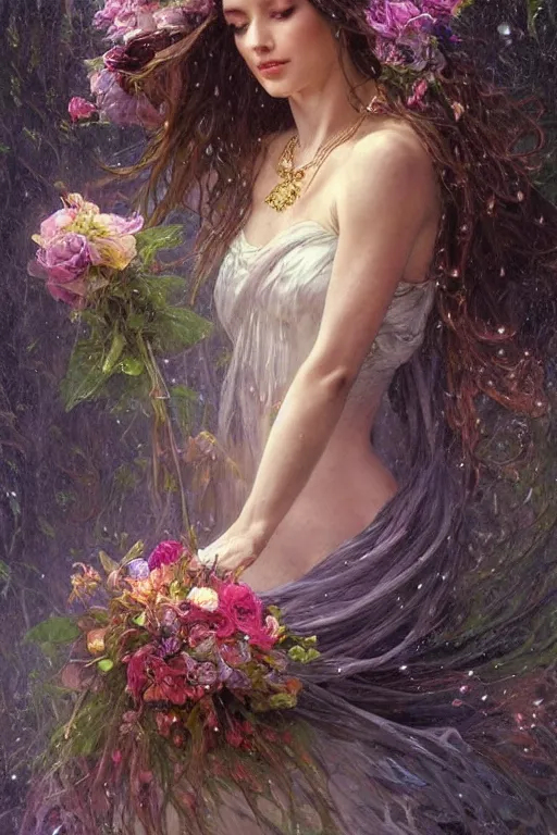 Image similar to portrait of a beautiful mysterious woman holding a bouquet of flowing flowers, wet dripping long hair, hands hidden under the bouquet, emerging from the water, fantasy, regal, intricate, by stanley artgerm lau, greg rutkowski, thomas kindkade, alphonse mucha, loish, norman rockwell