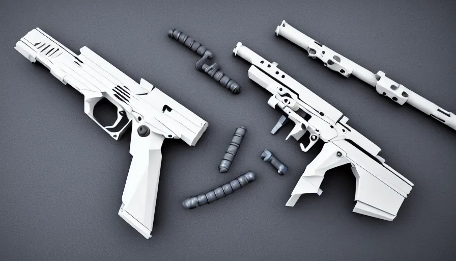 Image similar to extremely detailed ultra realistic side view photo sci fi hyper minimalist magnum pistol coilgun, detailed trigger, chemically propelled, battery, smooth streamline, battery and wires, railgun, chemrail, gauss, elegant sleek smooth body, white paint, smooth utopian design, ultra high quality, octane, cod, destiny, warframe, terminator