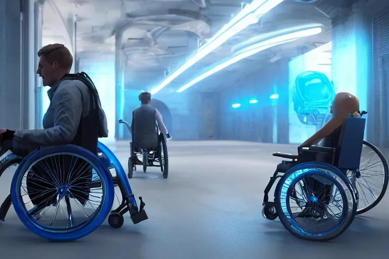 Image similar to ultra realistic details, hyper real, unreal engine 5, octane render, human on a wheelchair, blue neon two wheels, beautiful lighting, post processing