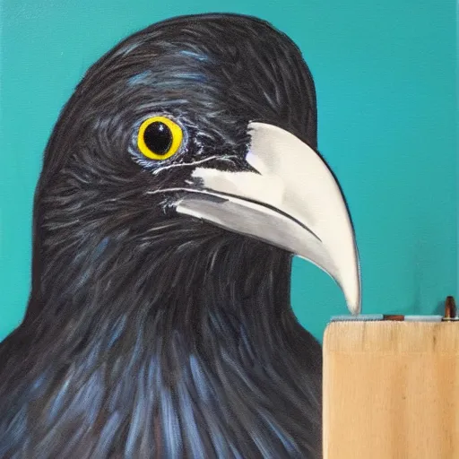 Prompt: oil painting of a raven holding a paintbrush in its beak and painting with it