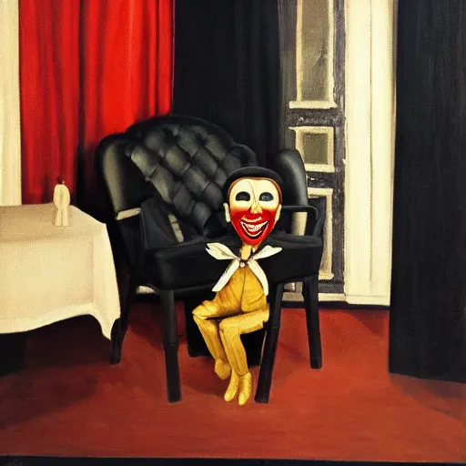 Image similar to oil painting of ventriloquist's dummy, sitting on chair with black leather seat, gold theater tragedy mask on floor, black curtains in background, by paula rego